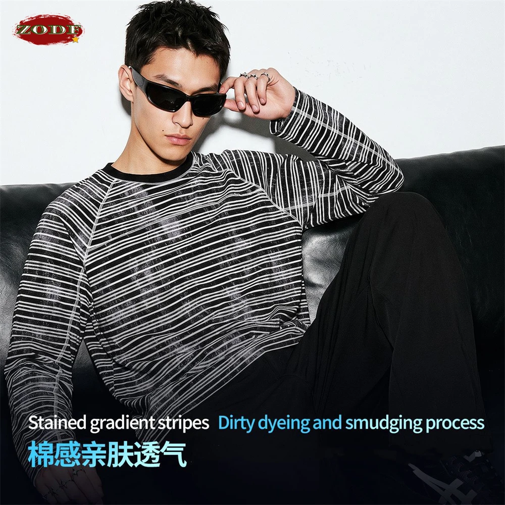 ZODF Vintage Autumn Men Striped 210gsm Long Sleeve T-Shirt Unisex Loose Distressed T Shirts Brand TEE HY1291