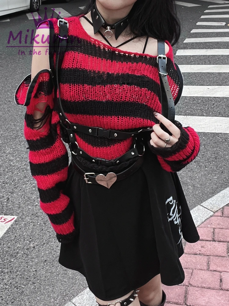 Harajuku Y2k Punk Rock Zipper Sexy Off Shoulder Sweaters Women Gothic Black Grey Red Stripes Broken Hole Loose Knitted Jumpers