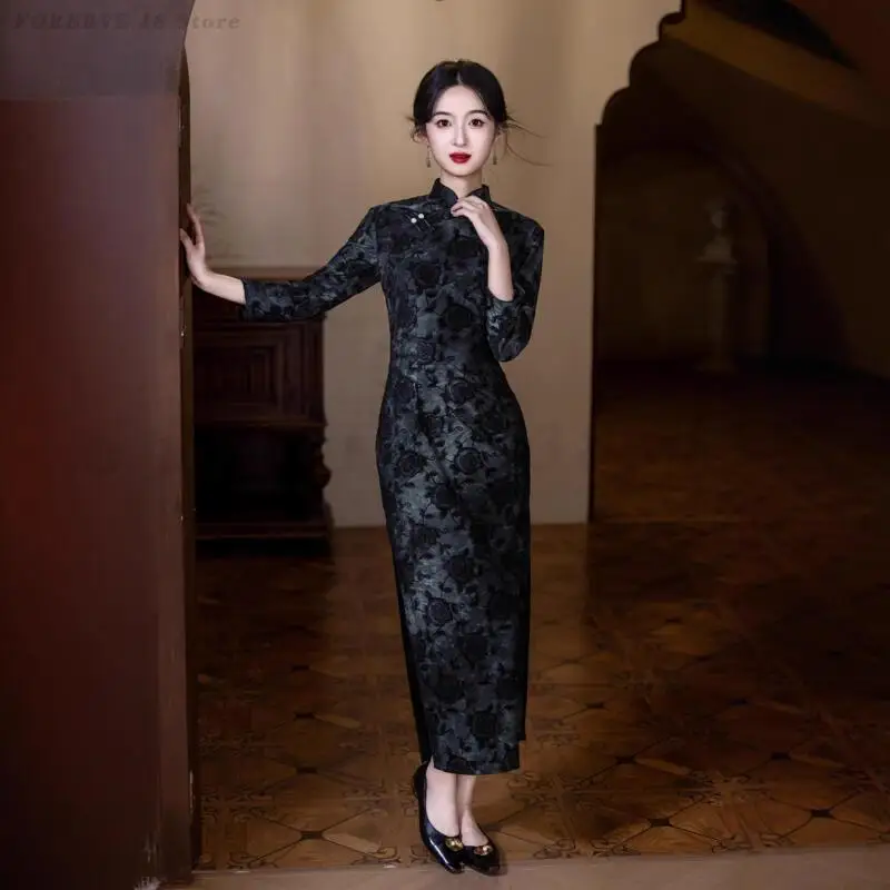 حجم كبير 4XL شيونغسام خمر زهرة مطبوعة الصينية التقليدية فستان الخريف الشتاء جديد تشيباو الشرقية مساء ثوب الحزب