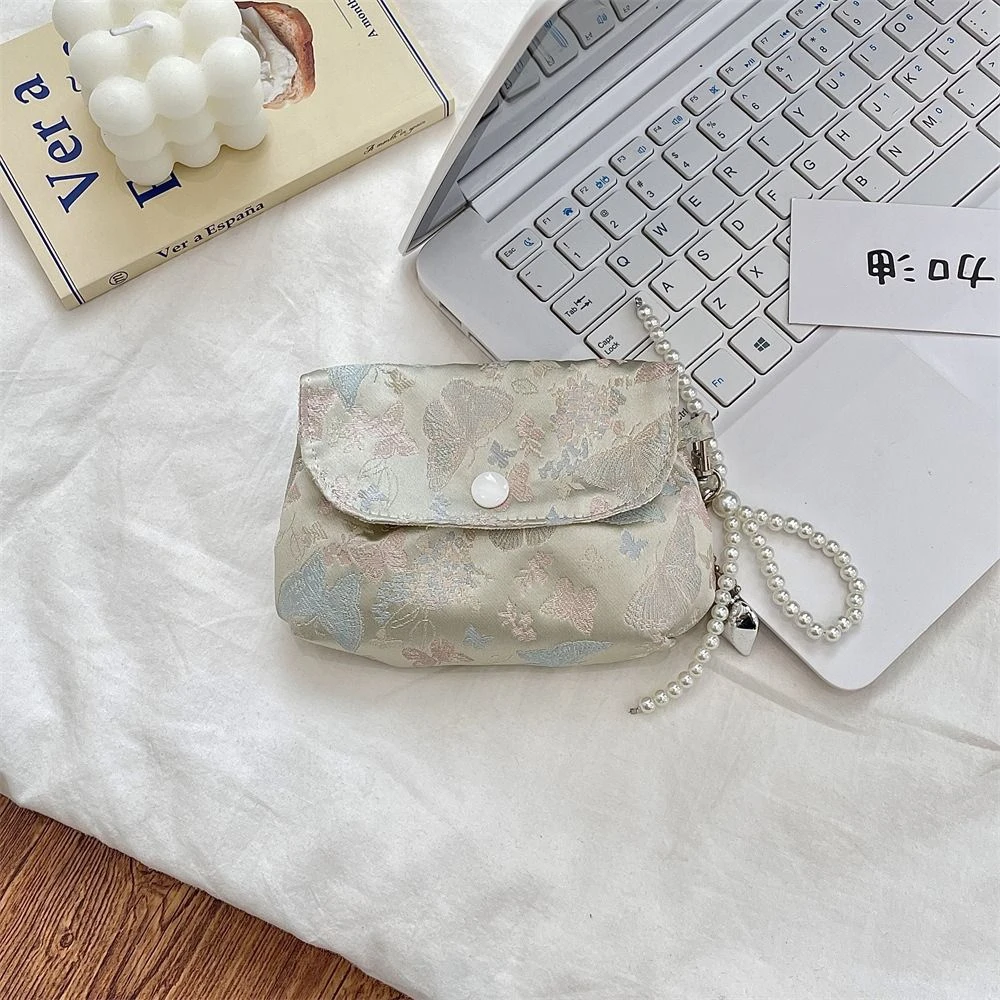 

Embroidery Button Coin Purse Butterfly Lightweight Small Lipstick Bag Pearl Keyring Sweet Chinese Style Storage Bag