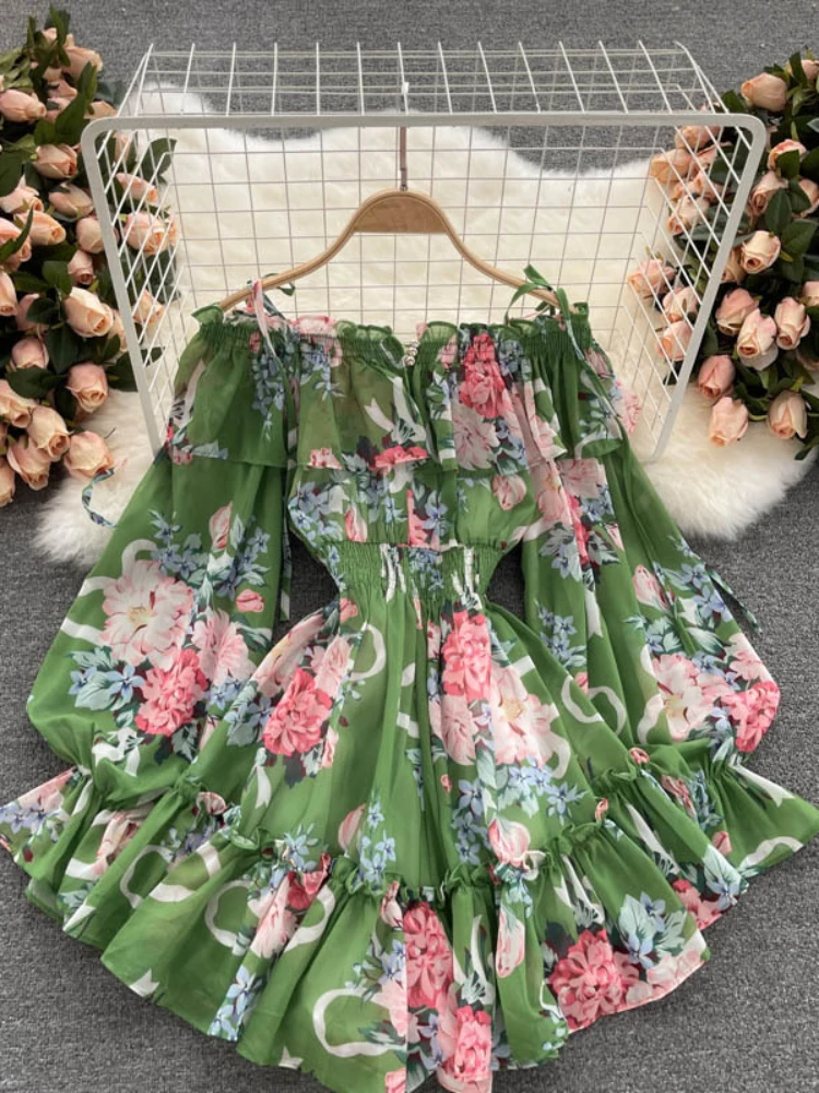 Strand Overall Stram pler Frauen Sommer Slash Neck sexy schulter freie Blase Ärmel schlanke Chiffon bedruckte Blumen shorts Hosen Spiel anzüge