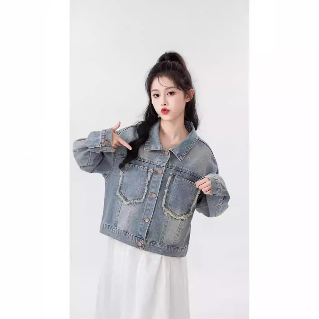 여성용 윈드울 데님 코트 짧은 루즈핏 캐주얼 재킷 탑 디자인 감각 니치 봄 가을 샤오샹