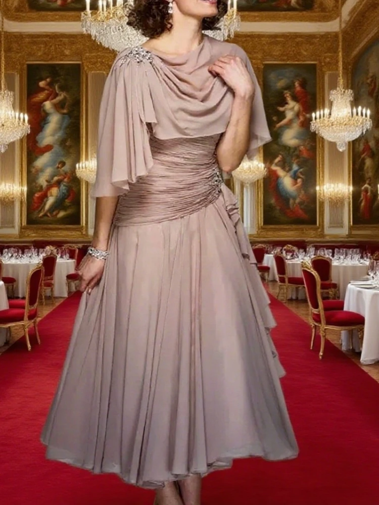 Vestidos para madre de la novia con chal, cuello en V, vestido plisado para invitados de boda, longitud del té, vestidos formales de talla grande, gasa con cuentas