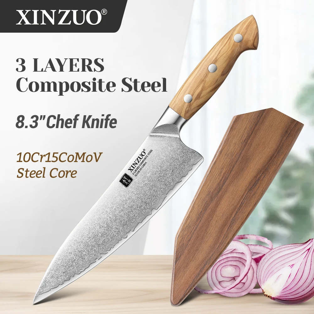 

XINZUO 8,3-дюймовый нож шеф-повара, оригинальный дизайн, композитная сталь, 10Cr15CoMoV, сердечник 60 ± 2 HRC, заклепка из нержавеющей стали, ручка из оливкового дерева