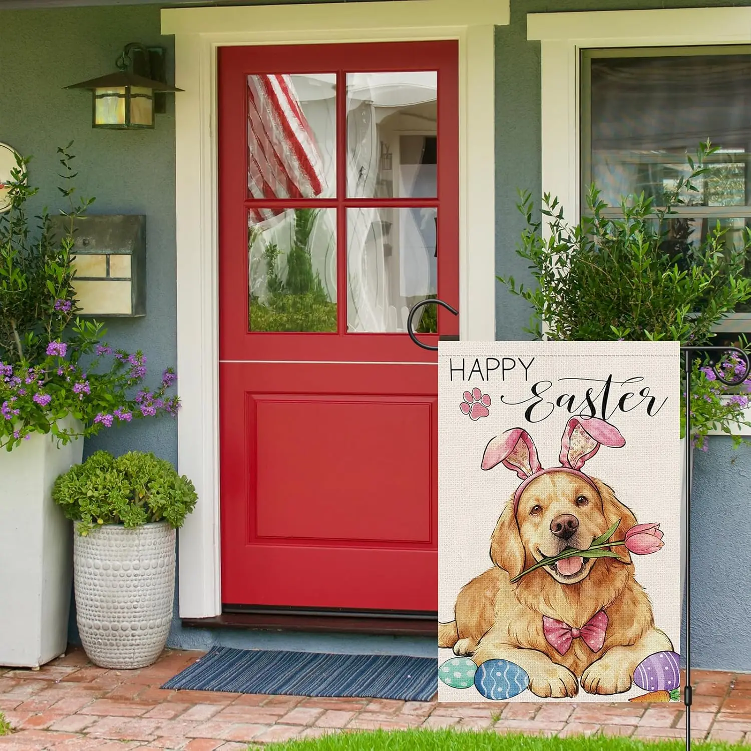 Happy Easter Dog Garden Flag 12 x 18 Inch Double Side Burlap, Golden Retriever Bunny Ear Floral Easter Eggs Yard Flag Holida PPM