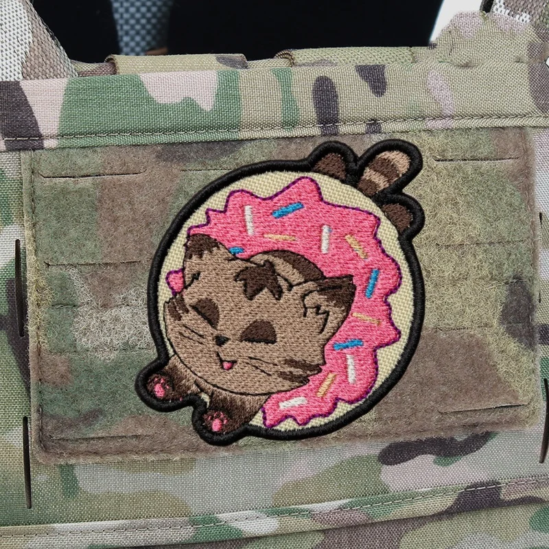 Doughnut Cat Patch Embroidery on Clothes Cute Morale Badge Hook and Loop Patches Stickers Backpack Armband Appliques