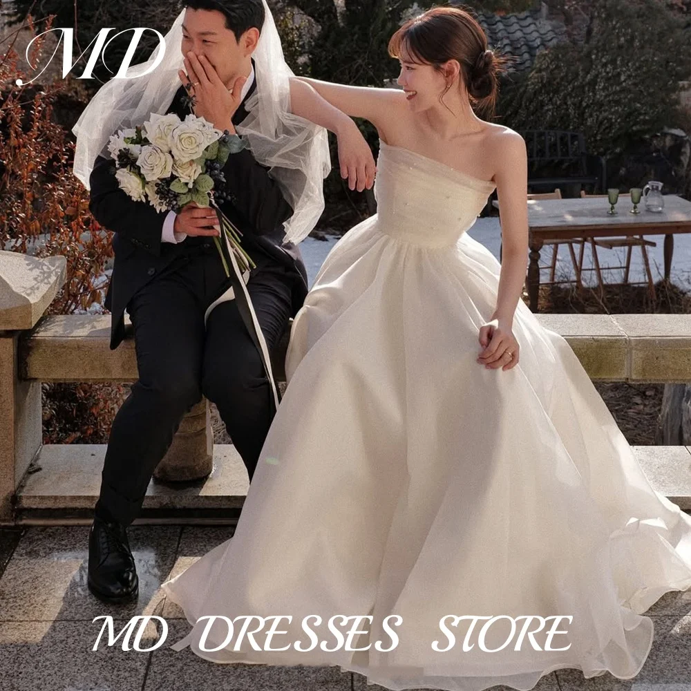 MD Simple Strapless A-line Wedding Dress Organza Pearls Korea Photoshoot Floor-Length Elegant Bridal Gown Customized 2025 웨딩드레스