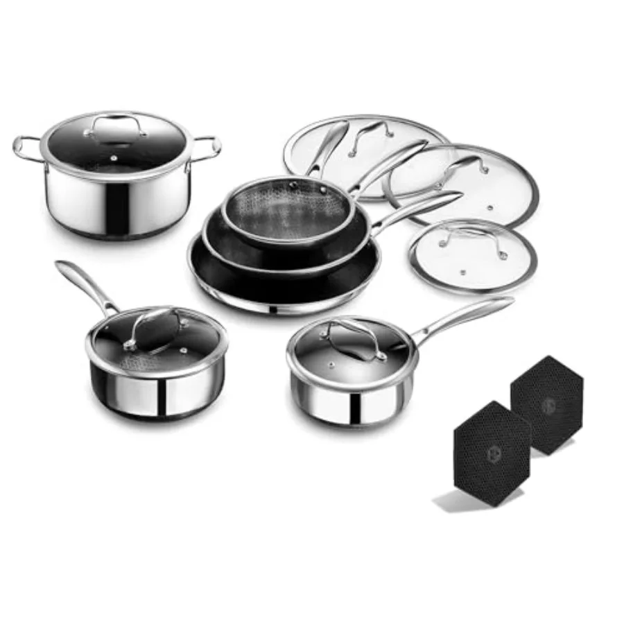 

Kitchen cookware set: hybrid nonstick, stainless steel and aluminum, black-gray, 14-piece with stay-cool handles, dishwasher an