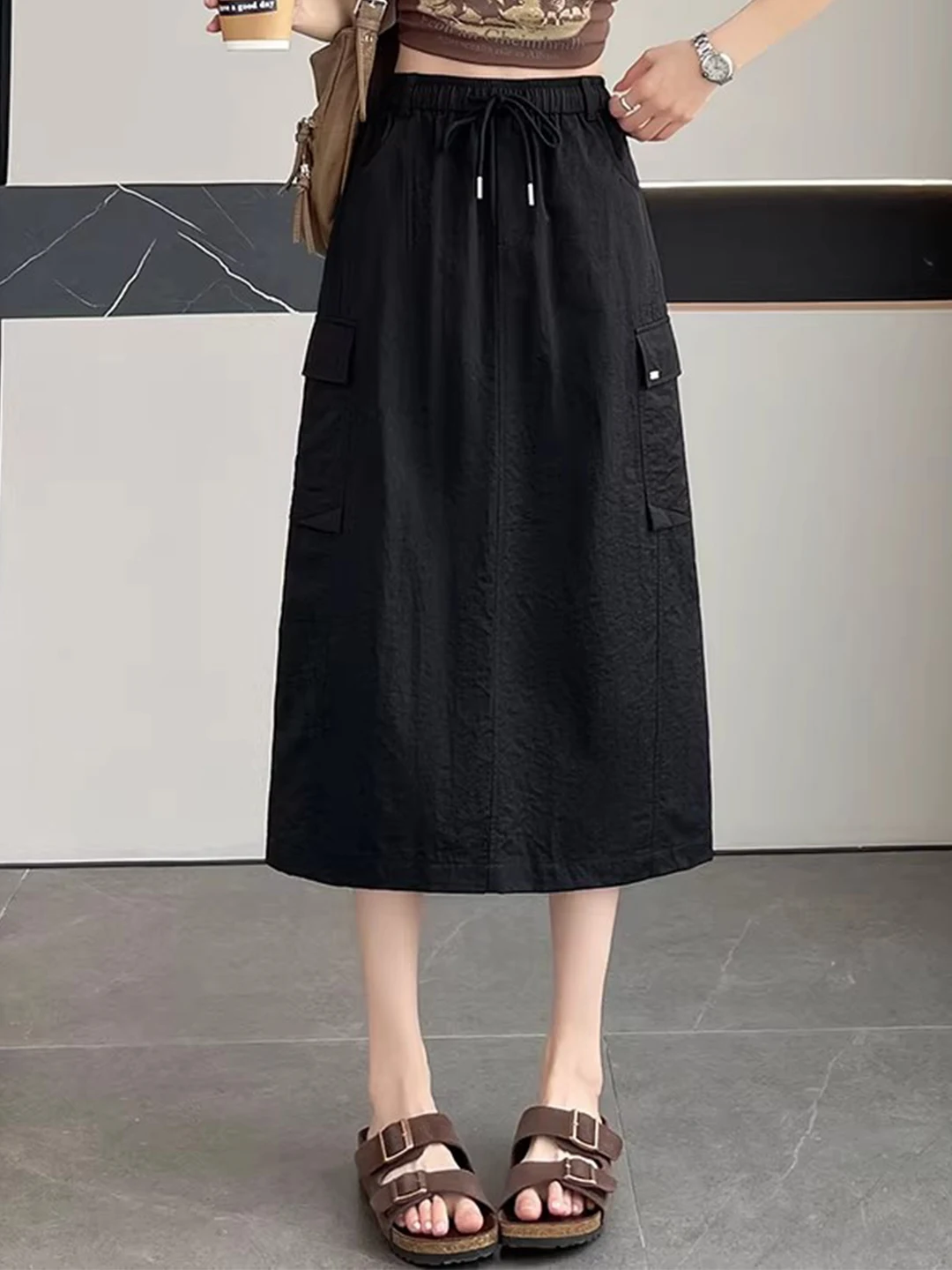 Quick Dry Ice Silk Workwear  Skirt for Women Summer plus Size Midi Straight Cut A-Line Split Skirts Comfortable Elastic W...