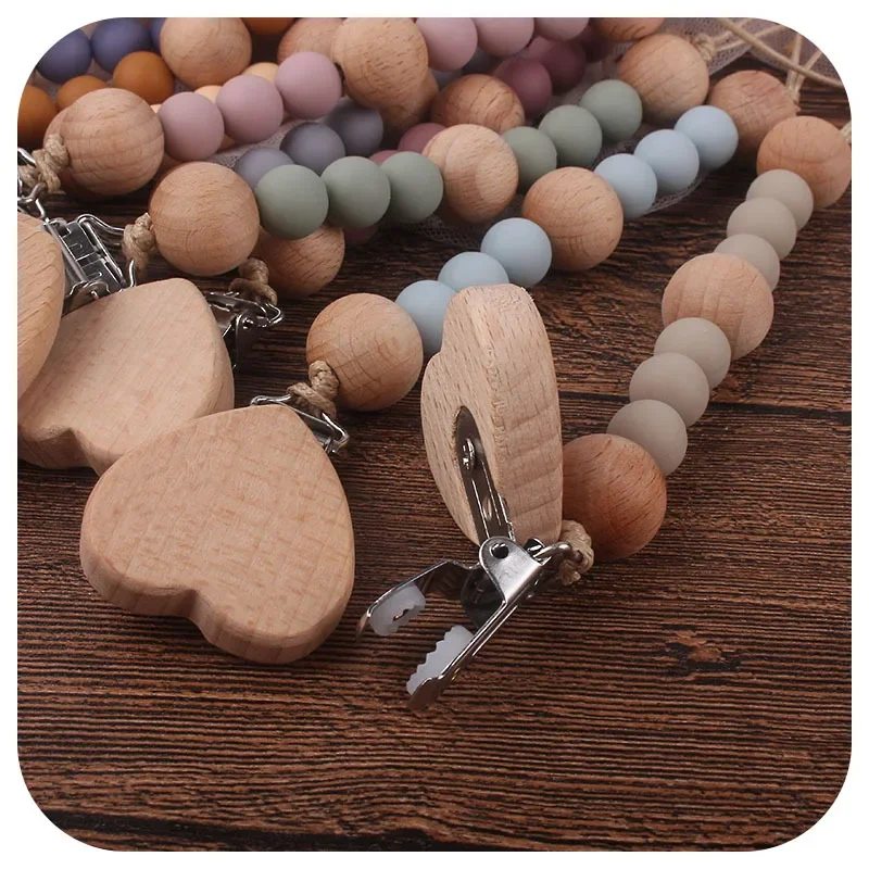 Baby Pacifier Clip Chain Wood Love Silicone Bead Newborn Teether Soother Anti-drop Chains Teething Toy Dummy Nipple Holder Clips