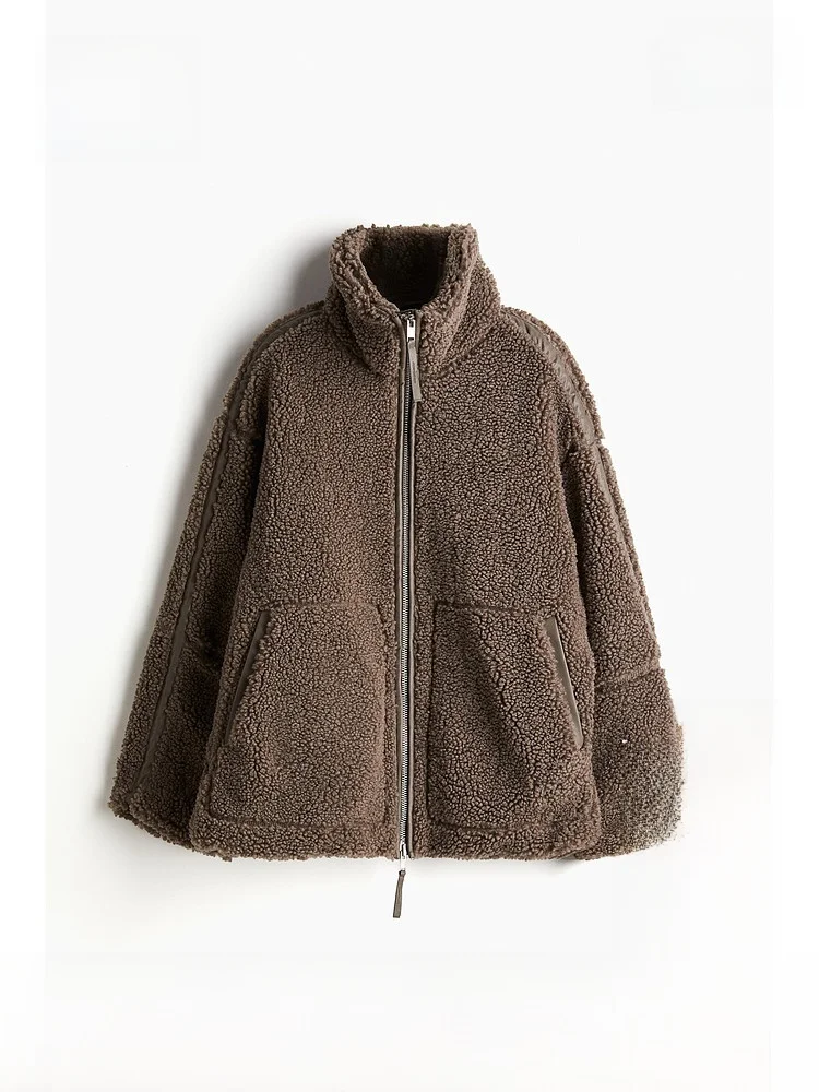 

H&M Женская верхняя одежда, зимний бархатный открытый кардиган Teddy Fce Lamb, пушистый свободный воротник-стойка Jaet 226826