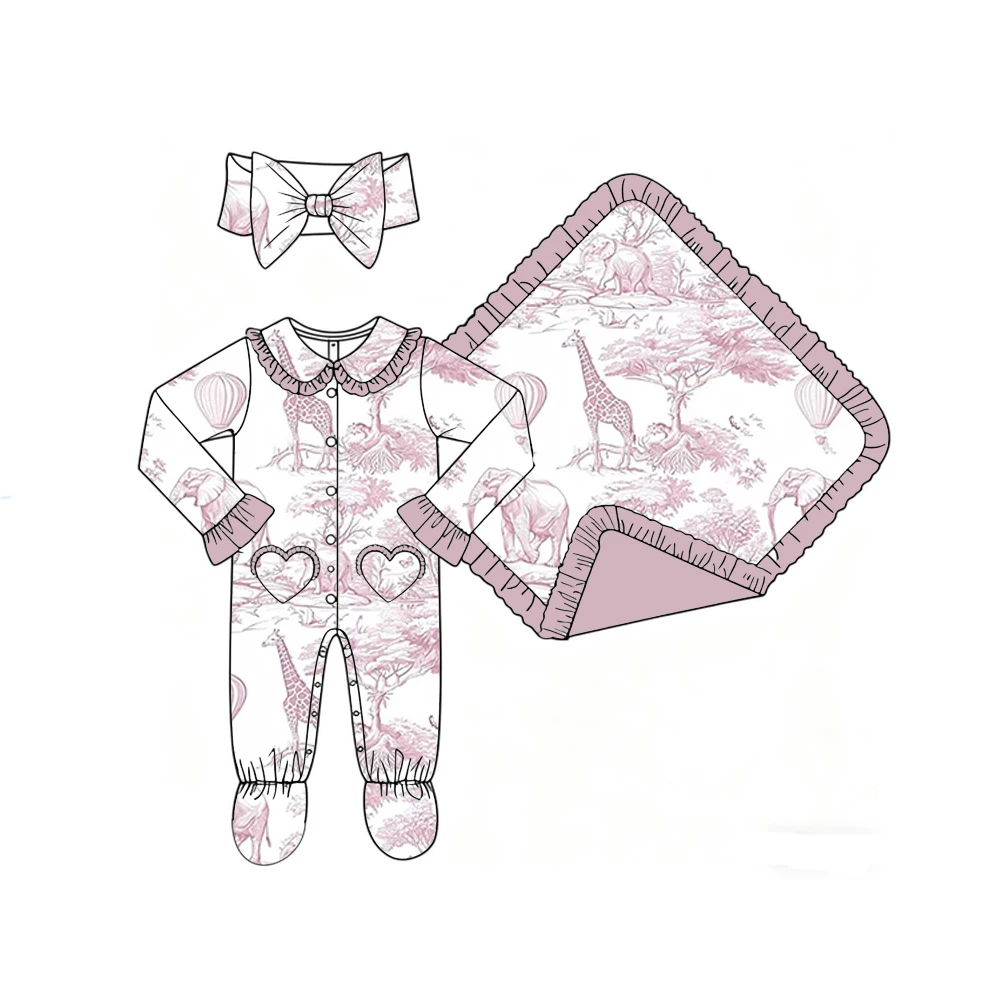 Boutique Boys' Girls' Blanket and Romper Lapel Ruffle Buttons Love Pocket Binding Feet Tree House Animals Print Custom Patterns