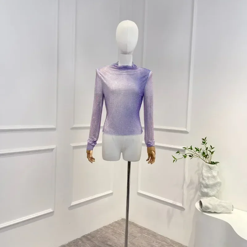 

New Spring Summer 2023 High Quality Purple Gradient Diamond Long Sleeve Turtle Neck Ladies Blouses