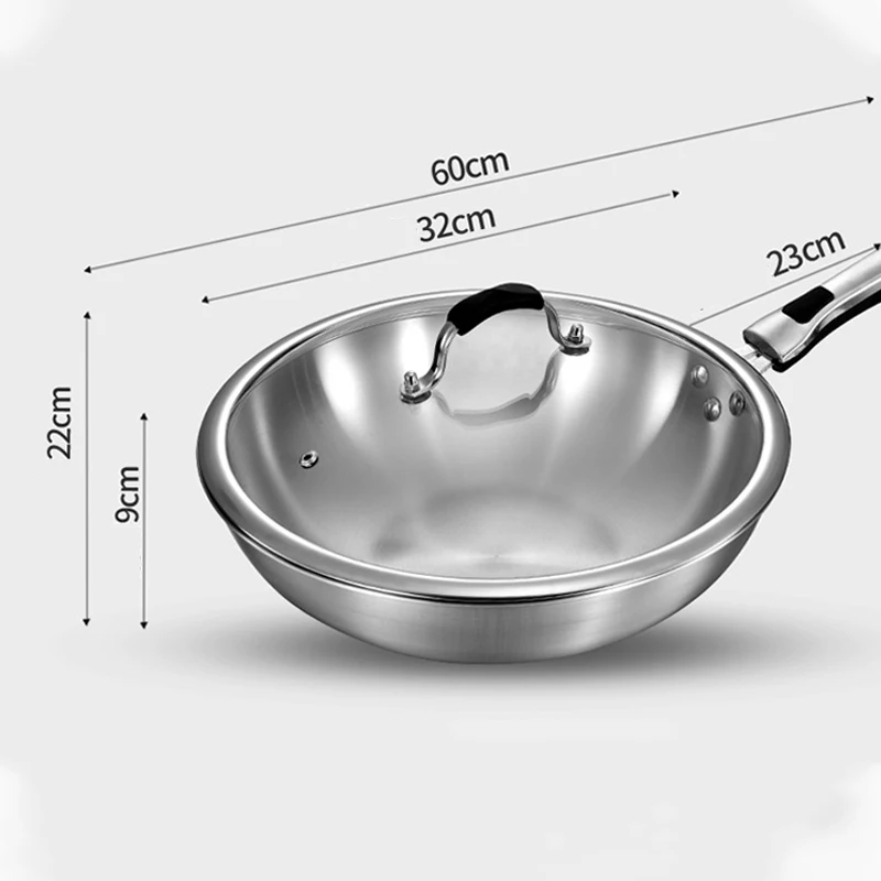 32cm Fume-free Non-stick Pan Wok 304 Stainless Steel Frying Pan with Glass Cover Household Uncoated Wok Cooker Gas Suitable