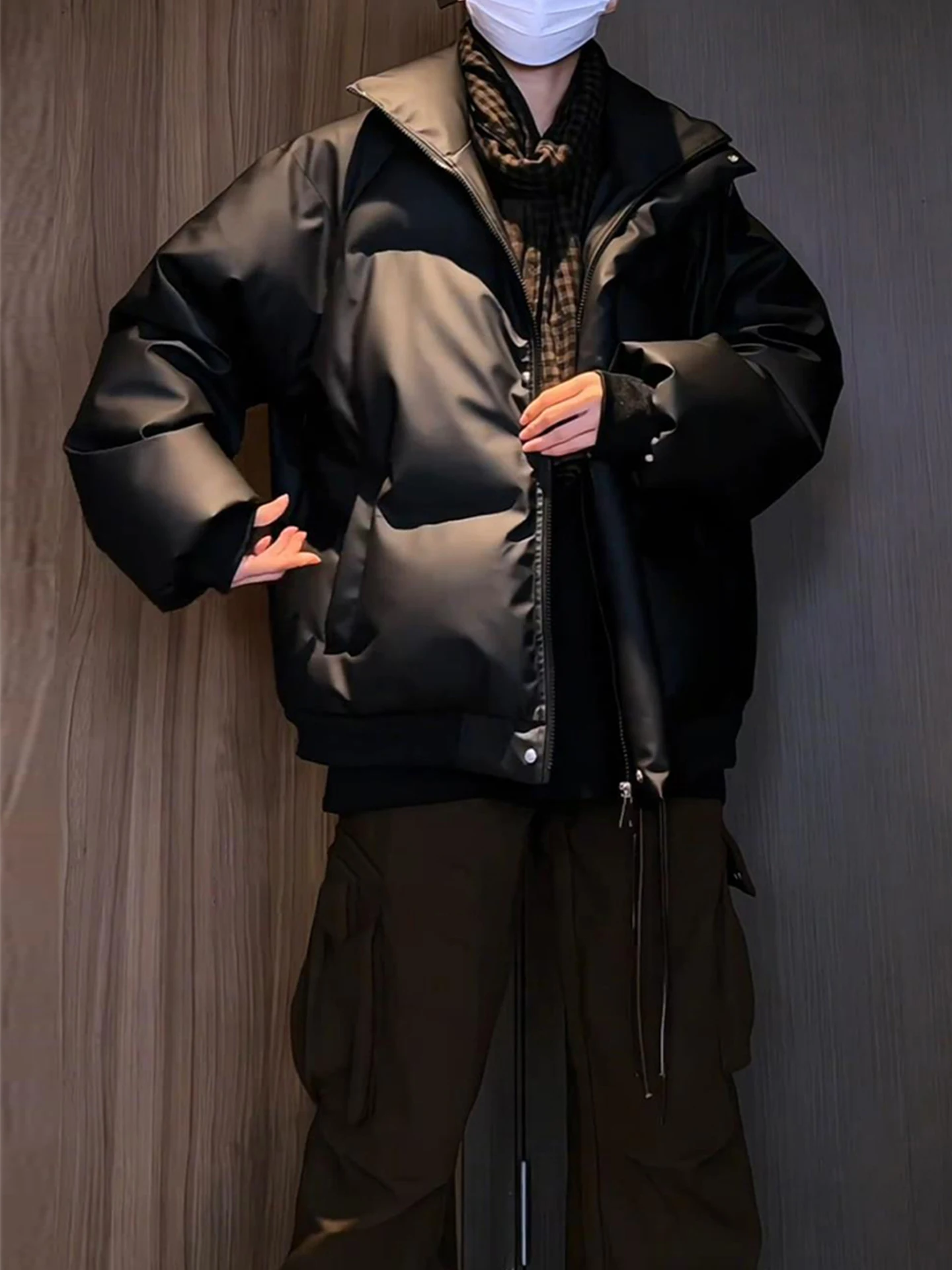 

Cleanfit American Sle ort Quilted Jaet Men's Winter Loose PU Leather Bread Sle Coat Stand Collar Cotton Filled Outerwear