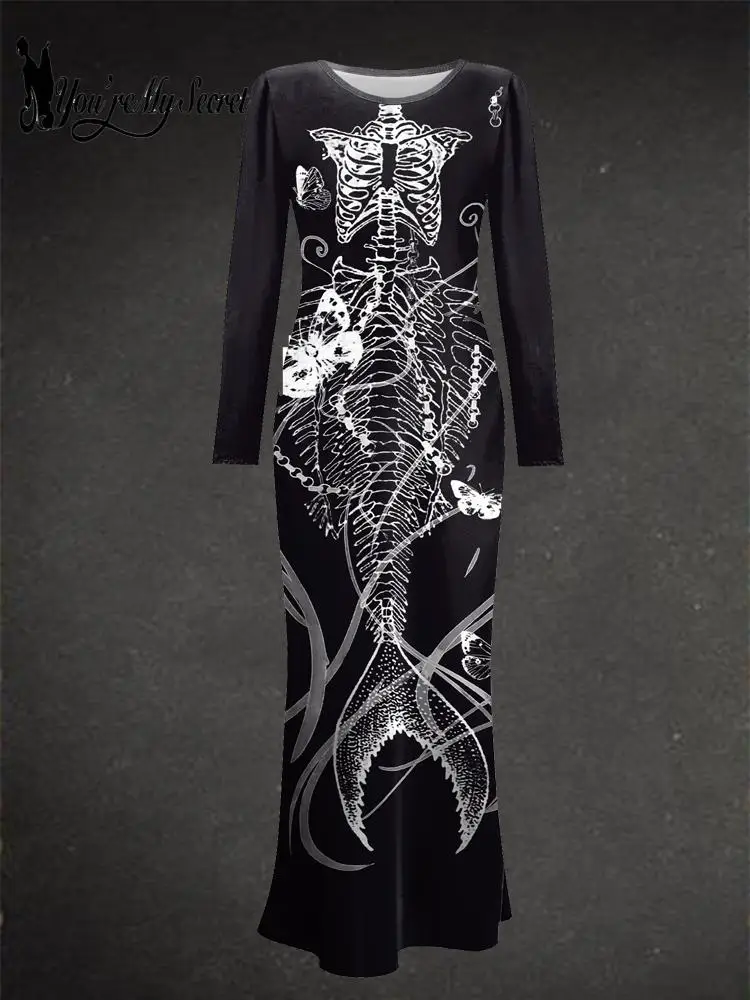 

[You're My Secret] Retro Women Dress Punk Goth Costume Long Sleeved Dress Girl Adult Skeleton Printing Halloween Fancy Clothing