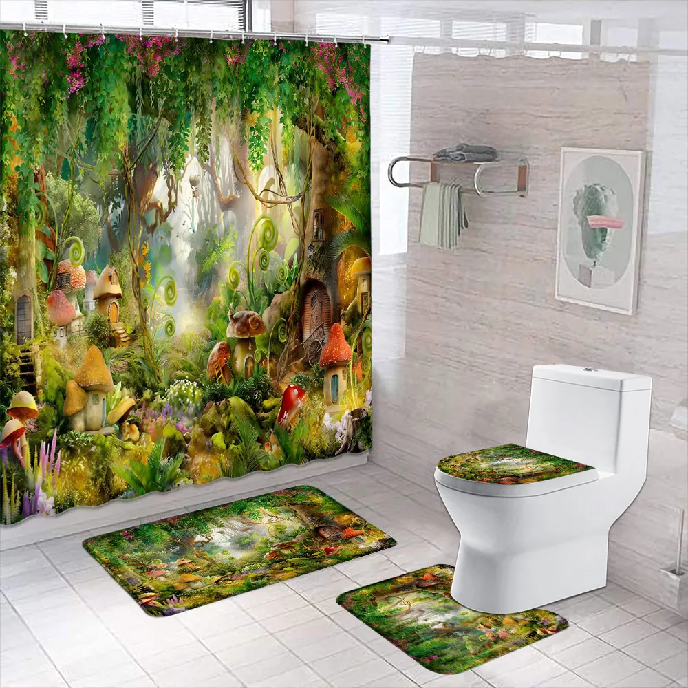 Fantasy Forest Mushroom House Shower Curtain and Rug Set Pretty Cartoon Patterns Kids Bathroom Decor Bath Curtain Mat Toilet Mat