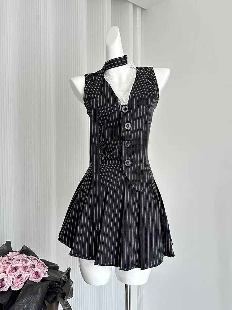 Y2k 2000s Vintage Aesthetic Black Striped Pleated 2 Piece Set Striped Lace Vest  + Hot Mini Pleated Skirt Korean Fashion Outfits