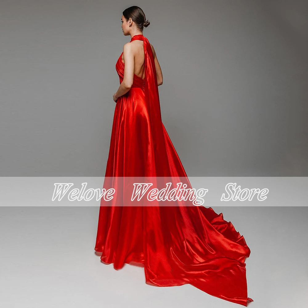 Sexy Prom Dress Halter Slit Beach Sweep Train Evening Party Gown A Line Plat Backless Custom Made Satin Vestido De Noche 2024