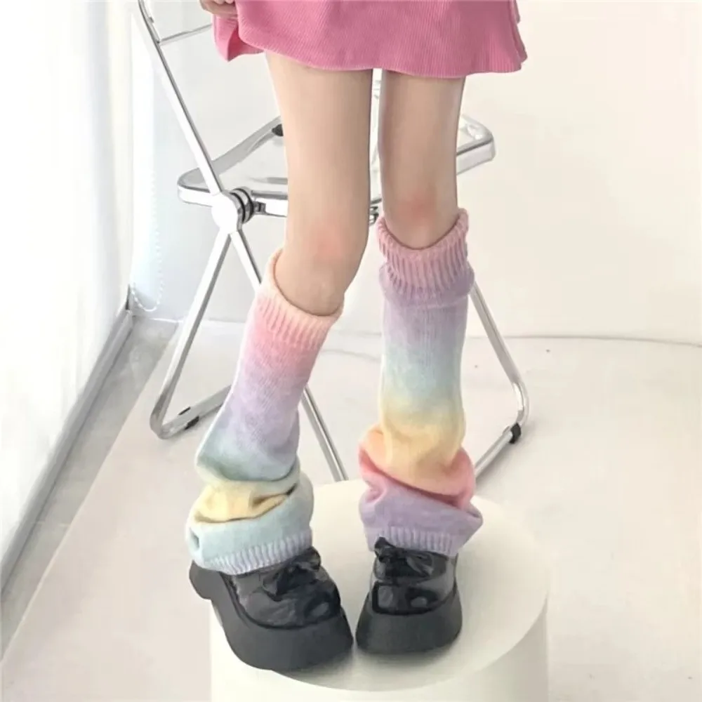 1 pair Y2K Rainbow Gradient Color Leg Warmers Lengthened Thickened Knitting Socks Warm Leg Covers Subculture Fashion