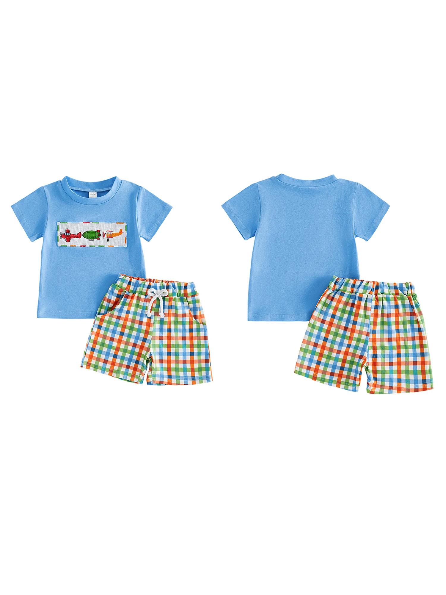 

Infant Boy s Summer Outfit Set with Embroidered T-shirt and Plaid Shorts - 2 Piece Toddler Clothing Ensemble for Warm Weather