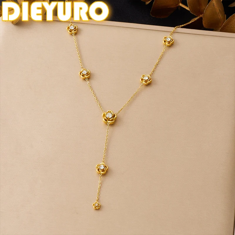 DIEYURO 316L Edelstahl Goldene Rosenblüten-Einlage Runde Zirkon Y-förmige Anhänger-Halskette Damen Mode Halskette Schmuck