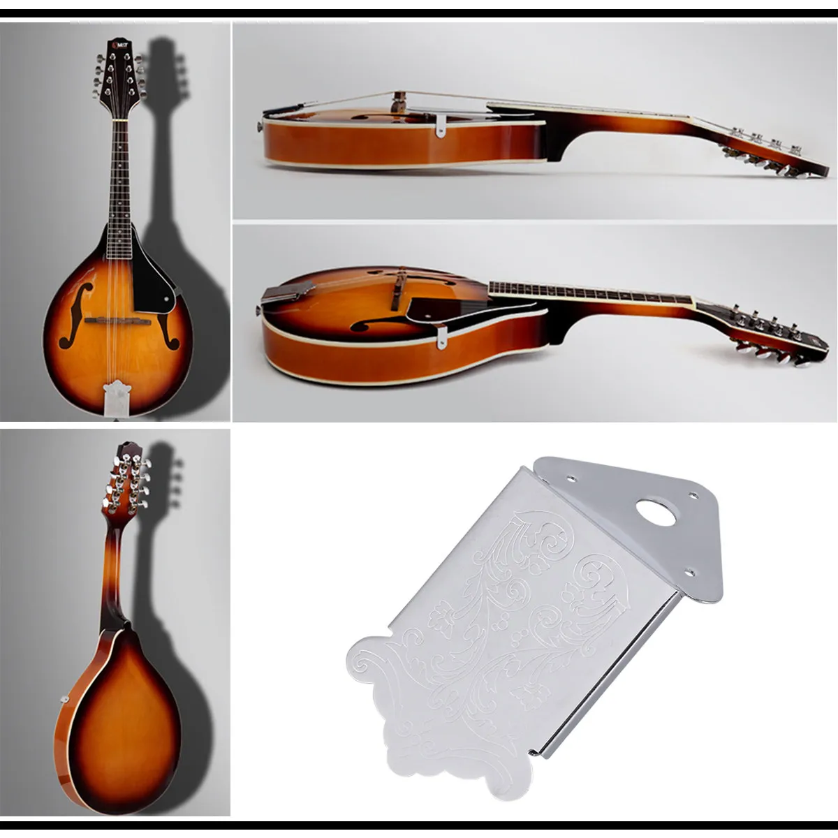 Chrome 8-String Mandolin Tailpiece Cover Flower Pattern Decorative Replacement Guitar Maker Triangle Plated B-43