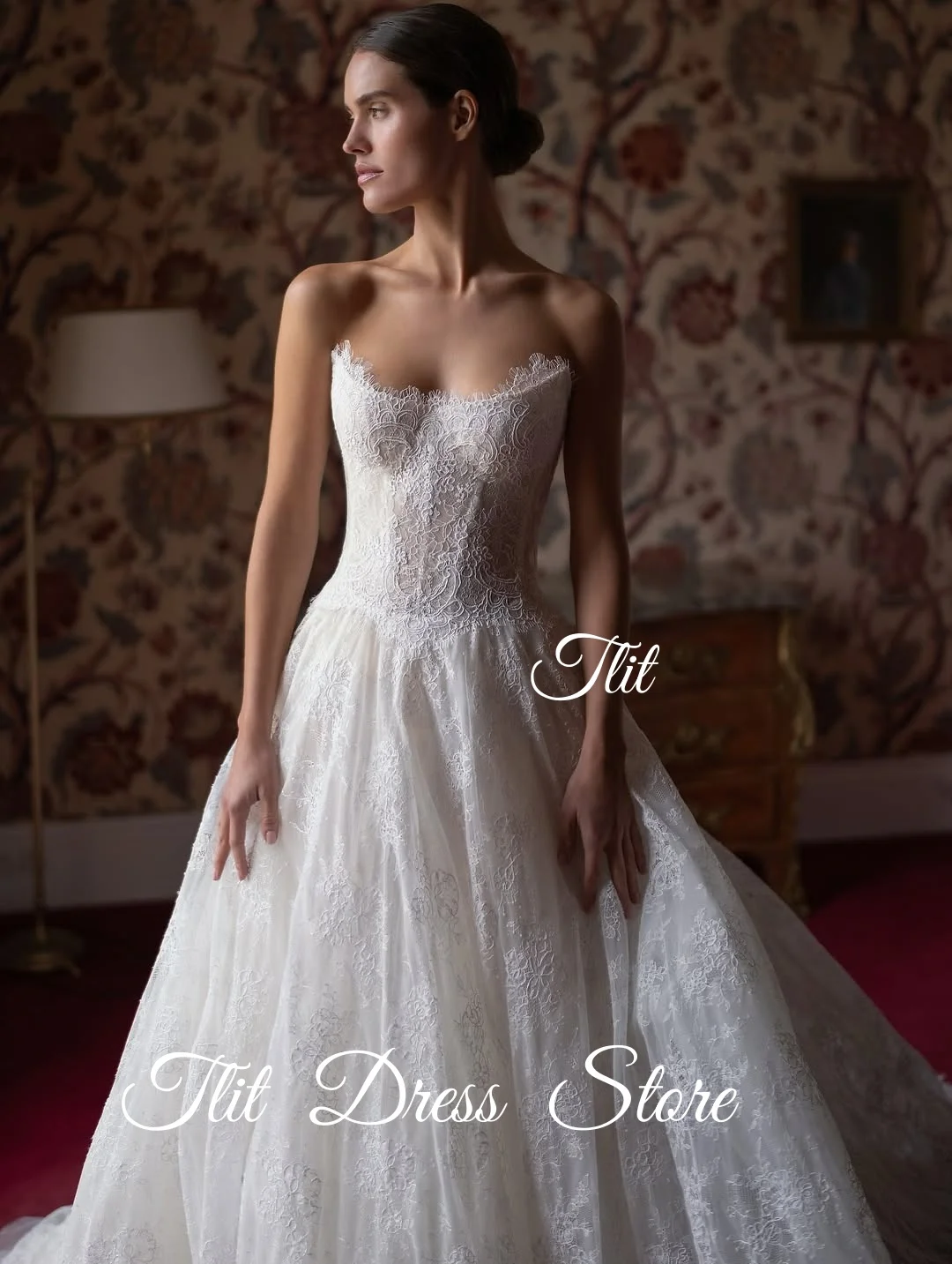 TLIT فساتين زفاف فاخرة من الدانتيل العاجي على شكل حرف a مخصصة على شكل قلب فساتين زفاف سويب تراين بدون أكمام فستان زفاف #4