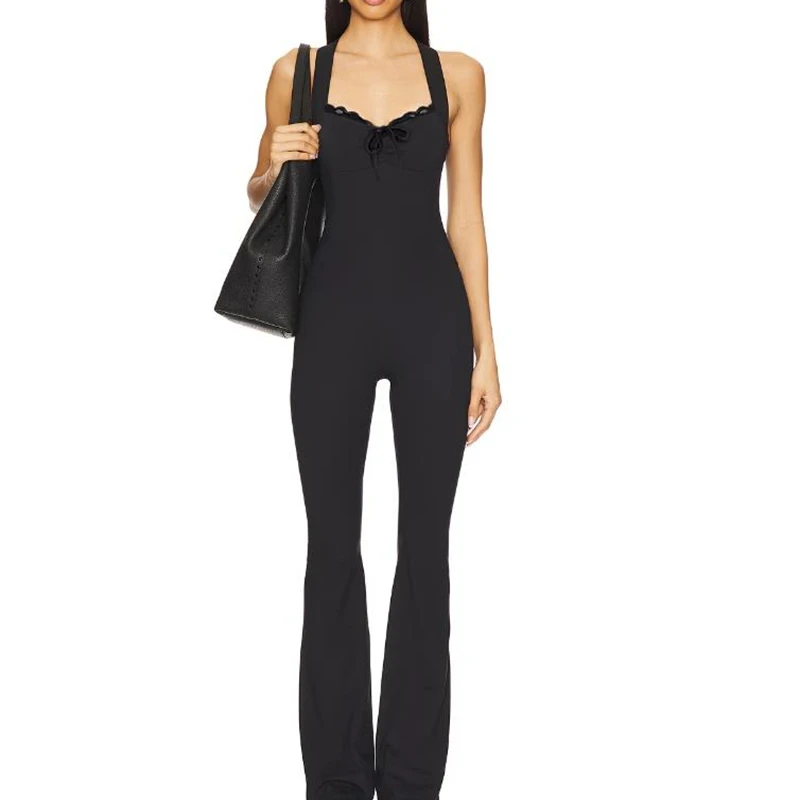 

Combhasaki Women's Cleanfit Sleeveless Slim Fit Jumpsuit Lace Trim Patchwork Ruched V-Neck Back Cross Flare Long Pants Rompers