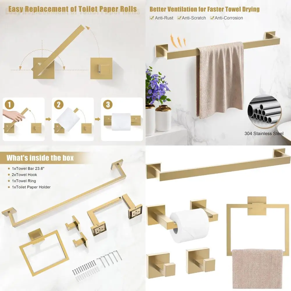 

5-Piece Brushed Gold Bathroom Accessory Set: Pivoting Toilet Paper Holder & Wall-Mounted Square Towel Bar