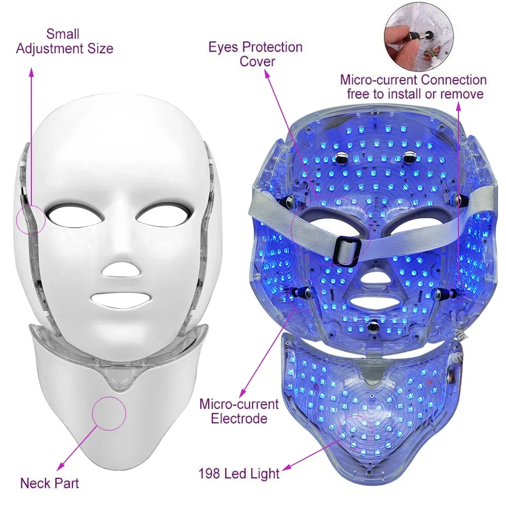 Medidor de belleza de fotones LED, mascarilla LED de 7 colores, tratamiento de acné para el cuello, mascarilla LED de belleza