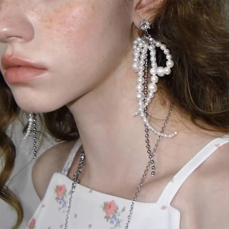 Francuskie Retro Perły Kryształ Kokarda Chwost Wiszące Kolczyki Dla Kobiet Modna Elegancka Biżuteria Chwost Prezent na Imprezę