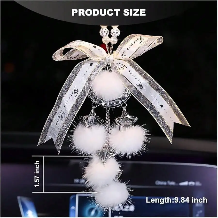 Bling Car Rear View Mirror Charm With Plush Balls Pearl Rhinestone Pendant White