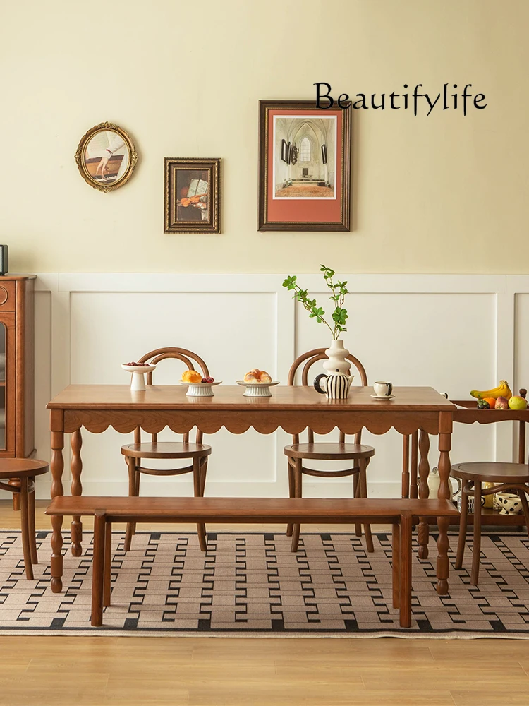 Retro Dining Table Cherry Wood Solid Wood Dining Table and Chair Combination Small Apartment Rectangular Log Desk