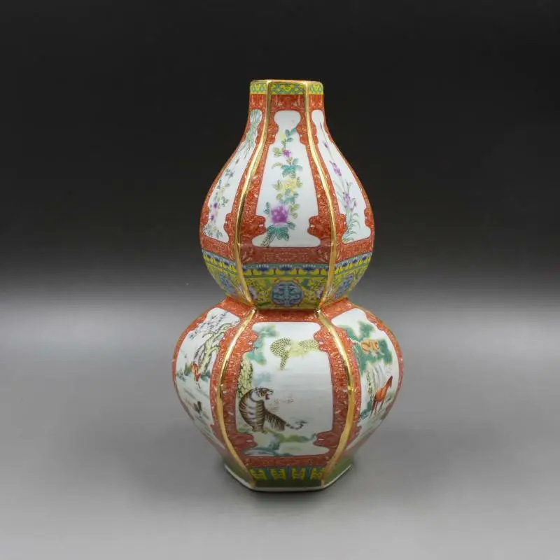 

9.9" Traditional Chinese Ceramic Colour Enamels Porcelain Gild 12 Zodiac Animal Tiger Ox Gourd Vase
