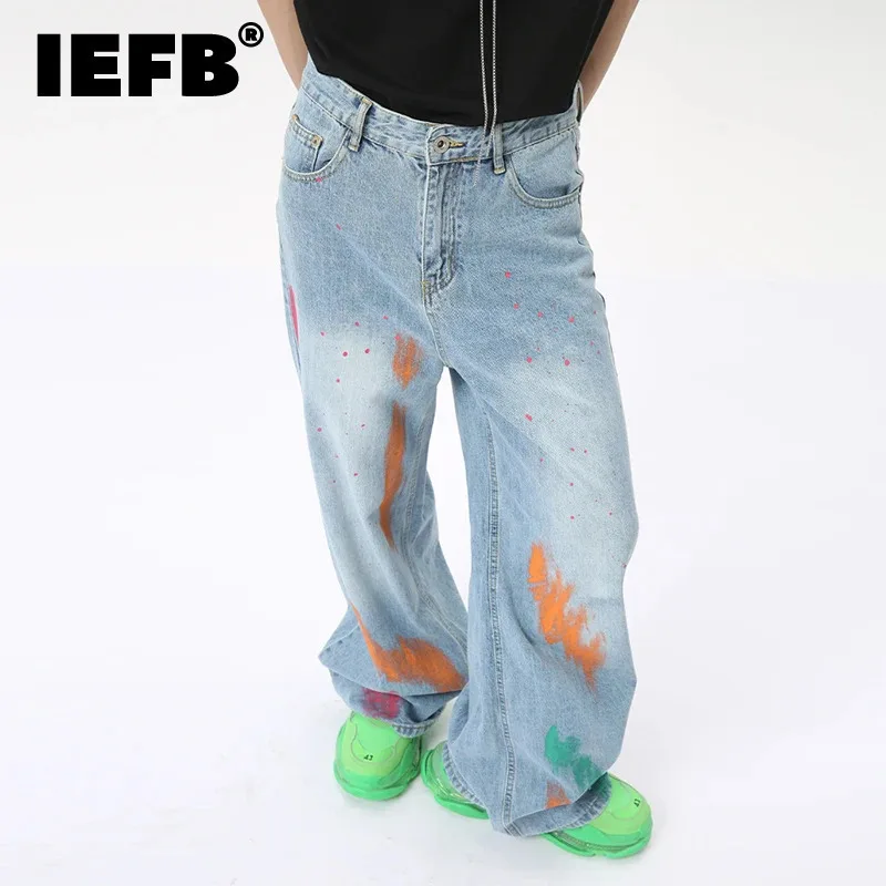 IEFB American Style Men's Jeans Casual Hand-painted Graffiti Loose Stright Wide Leg Personality Male Denim Pants Trendy 9C6255