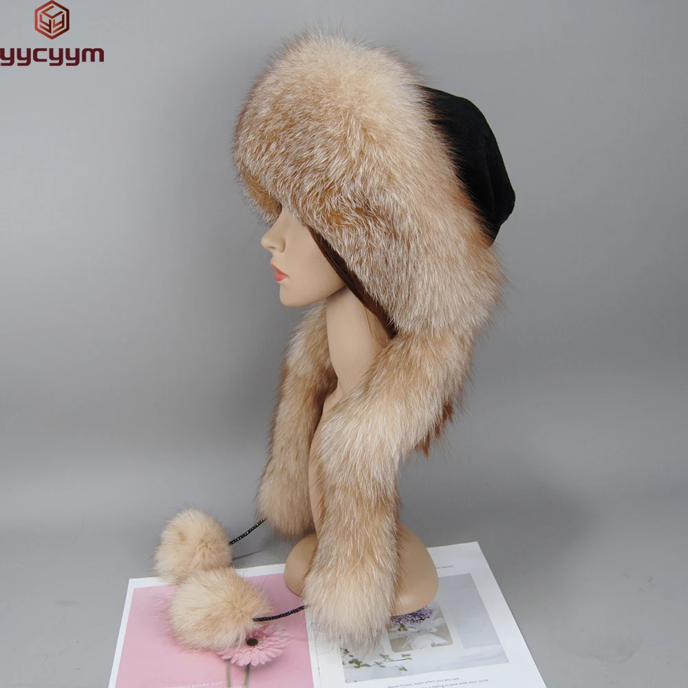 Women's Real Fox Fur Hat Scarf Mongolian Bomber Hat Ladies Winter Warm Fox Fur Earflap Caps Russia Winter Real Fur Hat