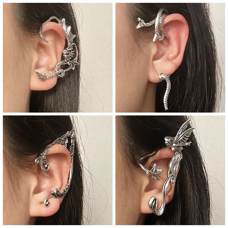 

Dark Gothic Metal Wind-Shaped Earrings Devil Spirit Wings Dragon Design Sweet Cool Style Ear Clips Bone Ear Jewelry