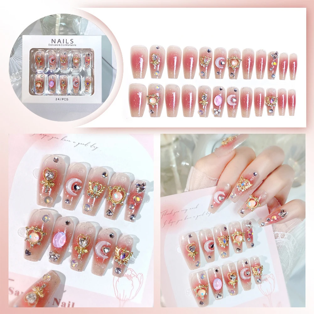 24 pièces 3D amour coeur lune faux ongles acrylique longue cercueil couverture complète faux ongles conseils avec strass brillant portable presse sur les ongles