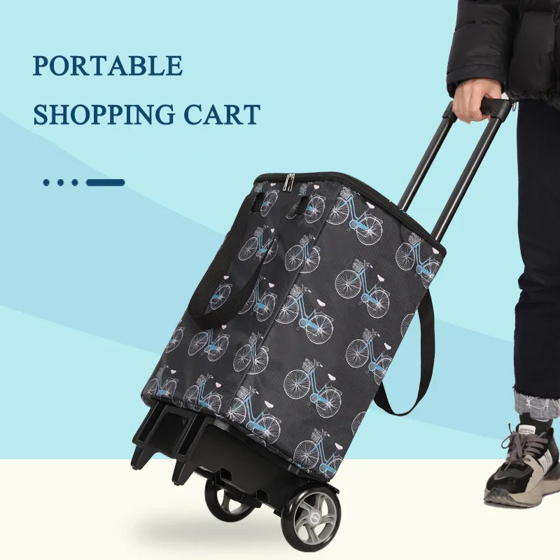 Carrito de compras plegable portátil con ruedas, bolsa de almacenamiento aislada de doble capa, carrito pequeño impermeable, carrito de tracción para comestibles