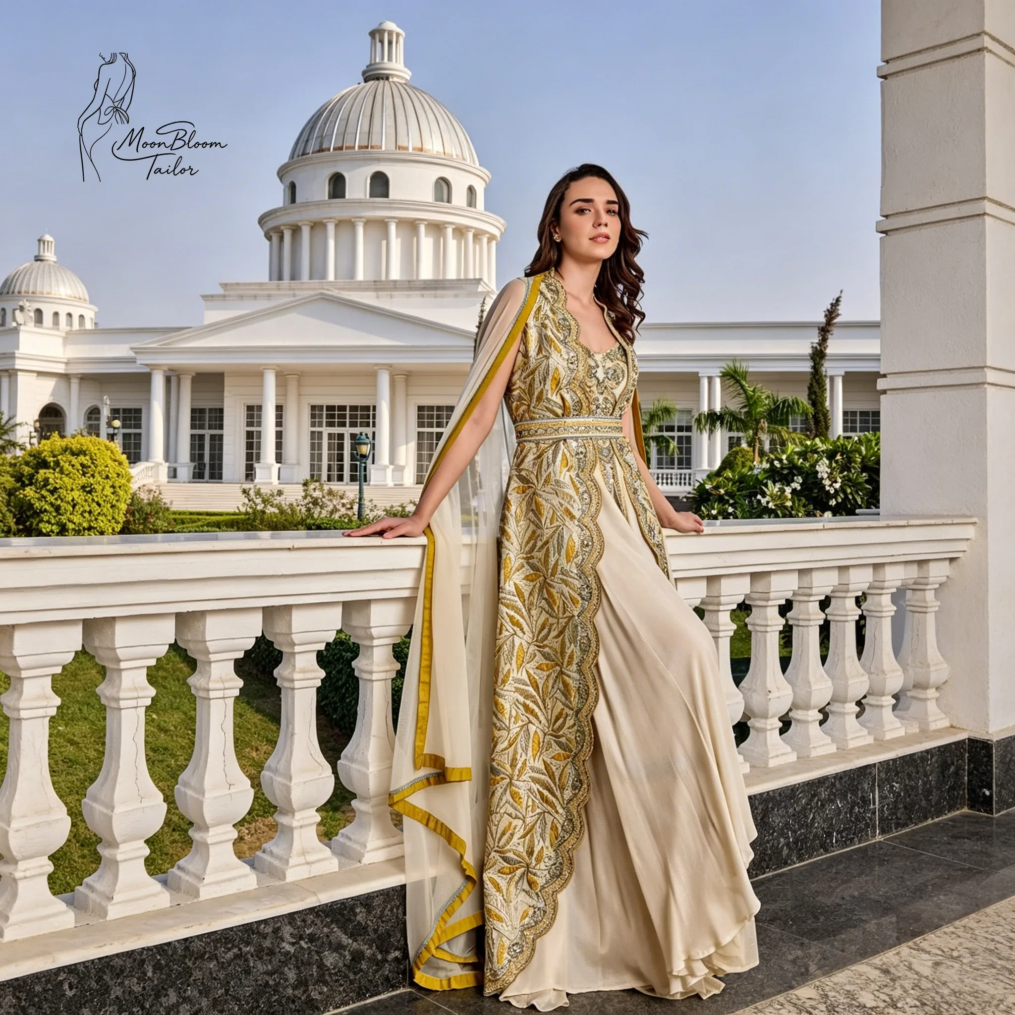 Vestido de Sirena MoonBloom con Mangas de Capa de Satén, Cuello en V, Bordado Floral Intenso y Color Beige | Vestido de invitada personalizado para noche/baile de graduación/boda