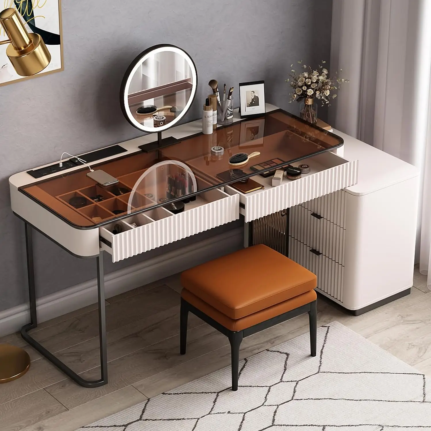 Larits Makeup Vanity, Very Easy to Assemble，Dressing Table Desk in one, Super Storage, with LED Light Vanity Mirror with ash Ful
