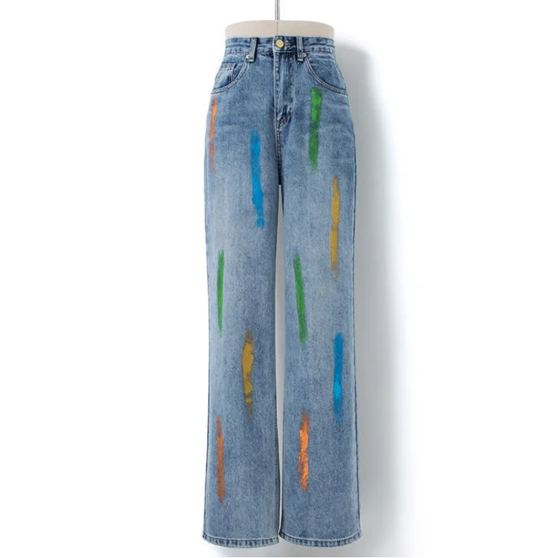 Color Painting Fashion Personality Thin New Fashion Trend Spring Summer 2023 Baby Blue Jeans Women Straight Tube Loose