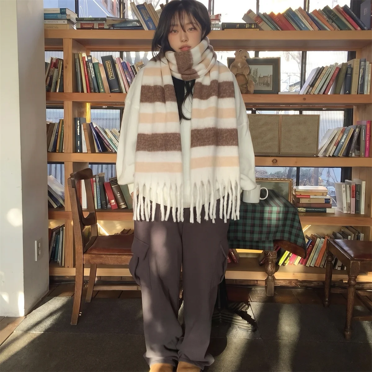 Women Striped Tassel Scarf Soft Thick Plush Knit Neck Wrap Large Long Shawl Warm Winter Ladies Casual Color Block Stripe Scarves