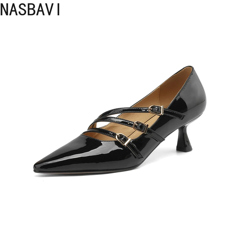 

NASBAVI Women's New Spring Genuine Leather Sheepskin Pointed Three Row Buckle High Heel Large Mary Jane Work Single Shoes 34-46