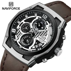 NAVIFORCE Genuine Leather Water Resistant Watch for Man Fashion Wild Men's Chronograph Quartz Wristwatch Date Display Male Clock