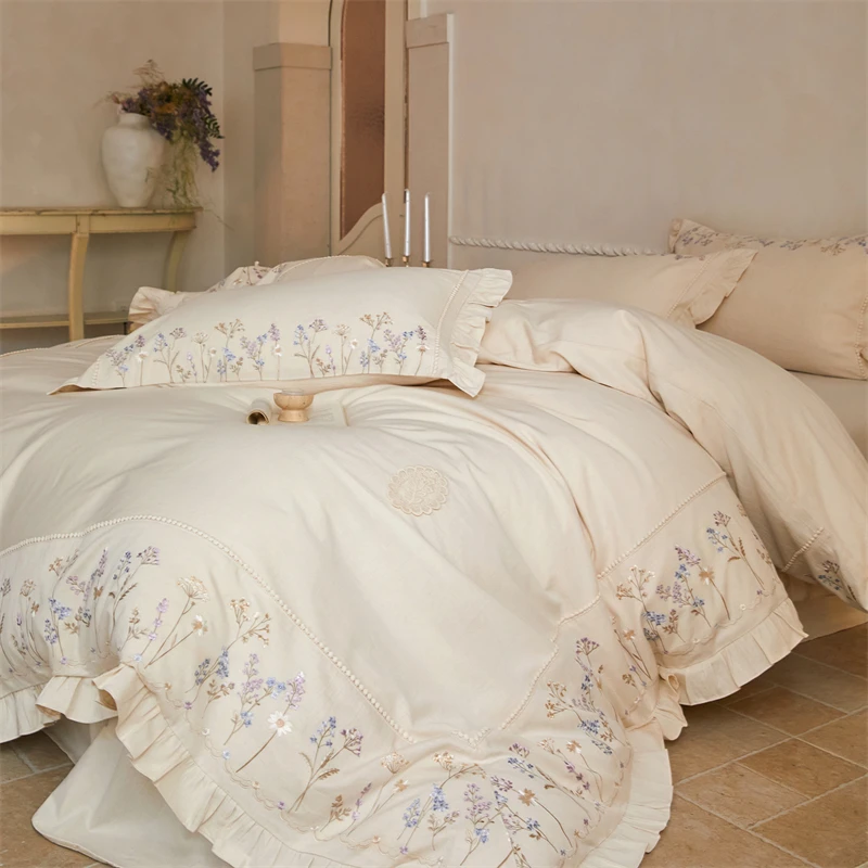 Natural Cotton Linen Bedding Set Floral Embroidery Ruffle Fringe Duvet Cover Set Pillowcase French Pastoral Style Soft Bed Linen