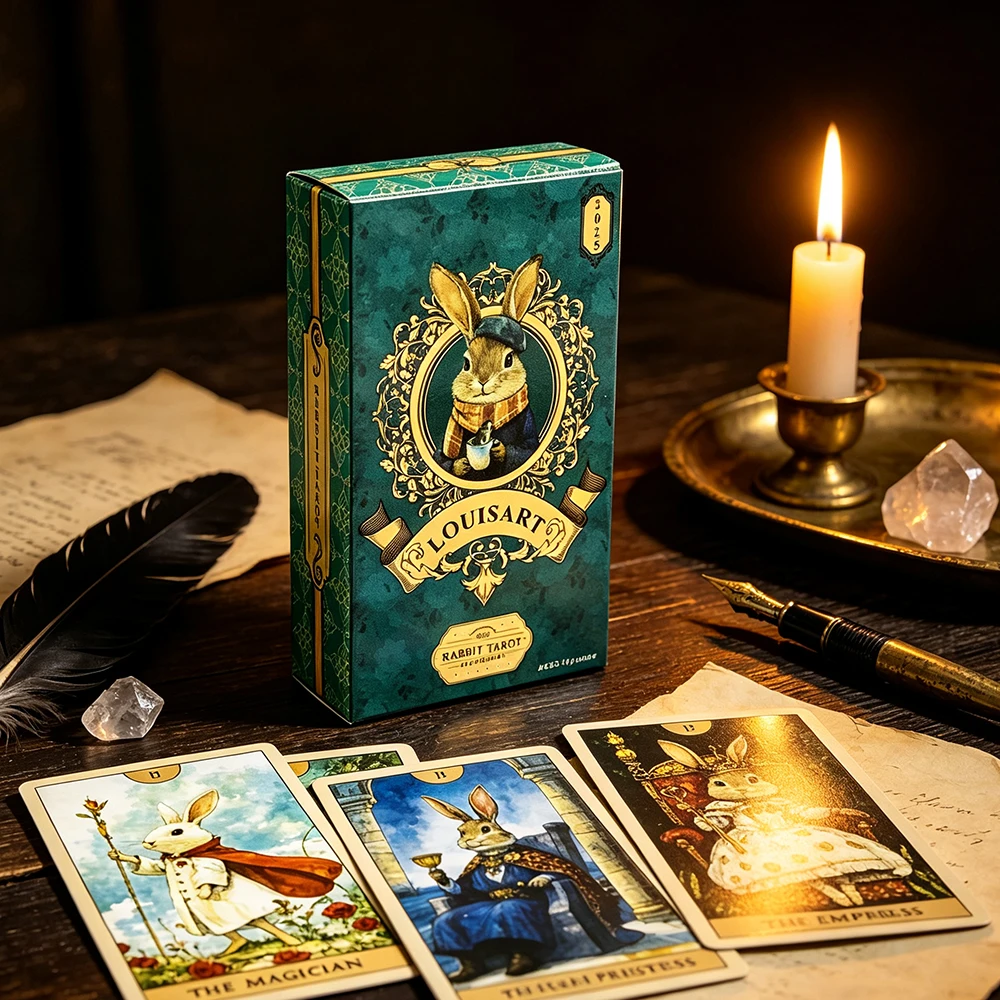 Louisart Rabbit Tarot Cards 78 Cards Vintage Green Luxury Tarot Deck Cute Anthropomorphic Rabbit Art Divination Cards Game