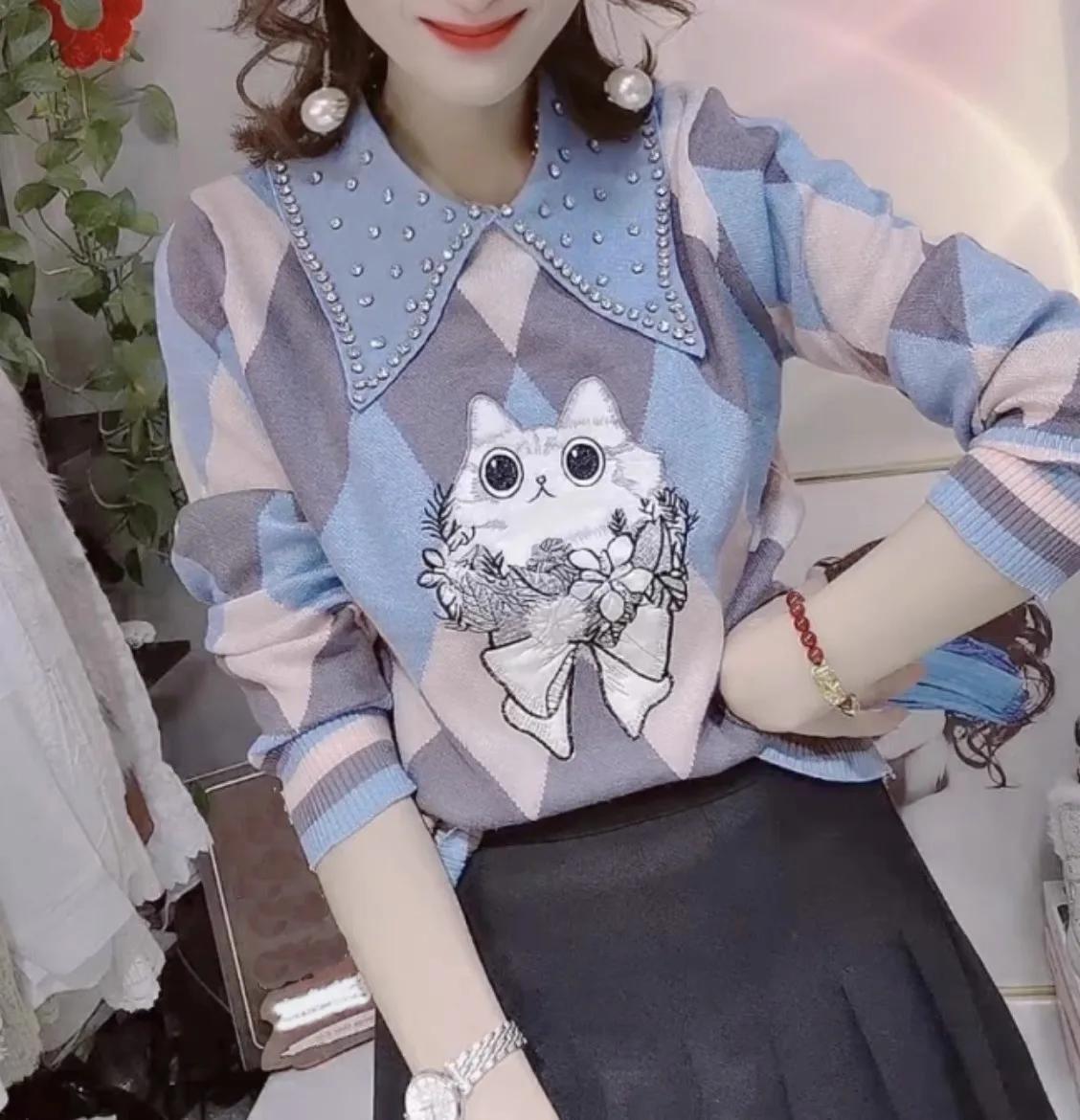 New French Vintage Knitted Sweater Women Cartoon Embroidery Argyle Contrast Color Long Sleeve Lapel Beading Pullover Tops Y2k