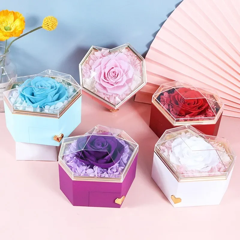 Luxury Preserved Fresh Flower Crystal Jewelry Box for Necklace Display Elegant Ladies Soap Flower Rose Jewel Carrying Box Gift